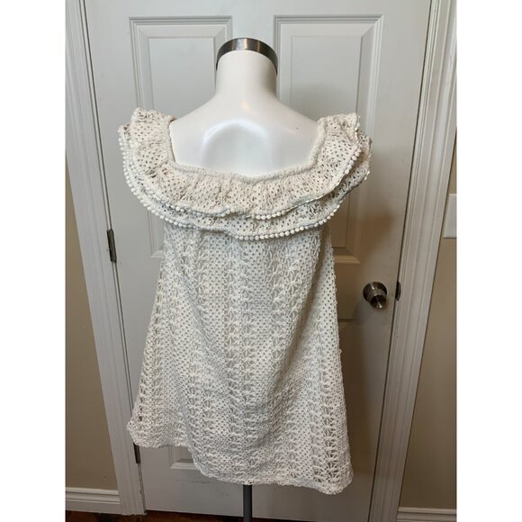 Sezane White Crochet Lace Ruffle Square Neck Mini Dress, SizeMedium - Picture 4 of 5